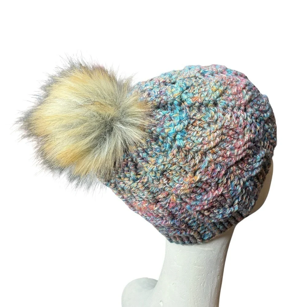 Cable Knit Crochet Beanie Hat Handcrafted With Faux Fur Pom Handmade Red Blue